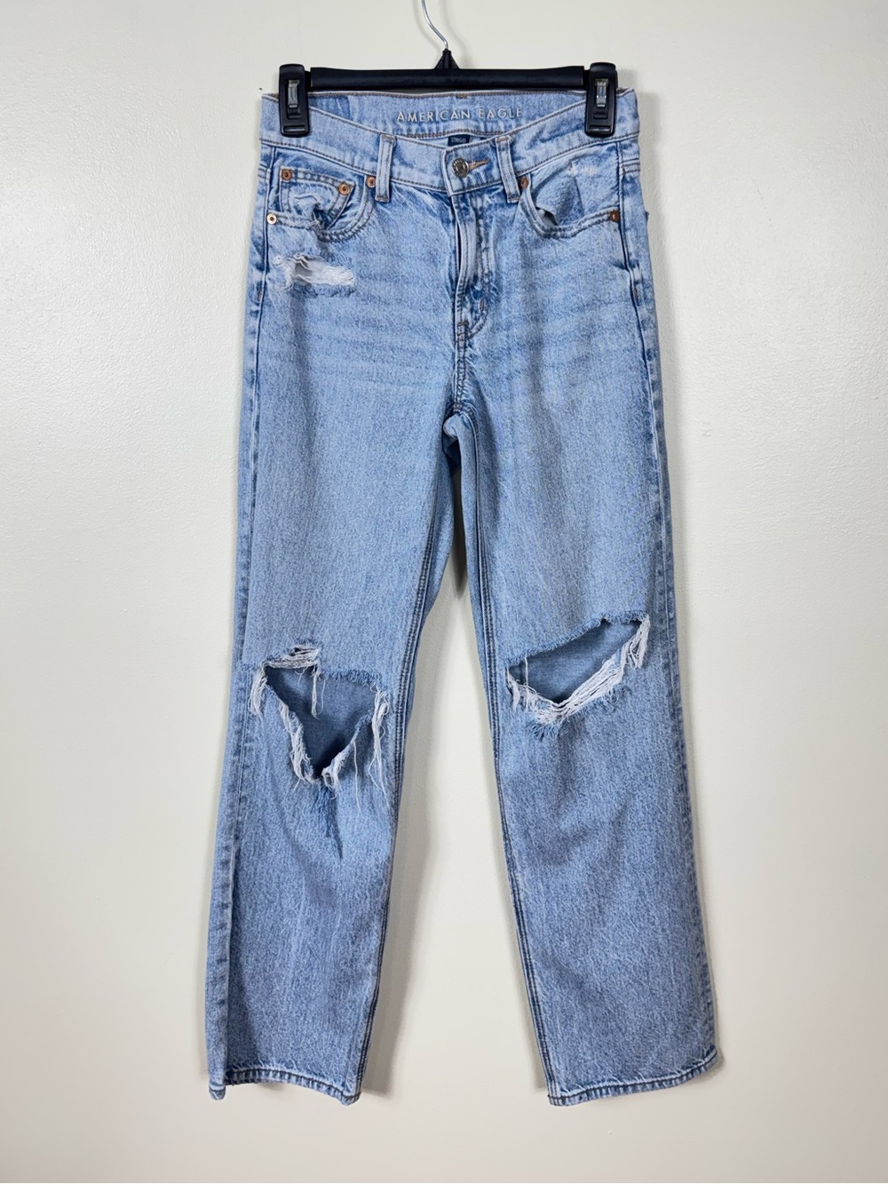 American Eagle Womens StovePipe Baggy Jeans Size 00 Grunge Light Wash Distressed